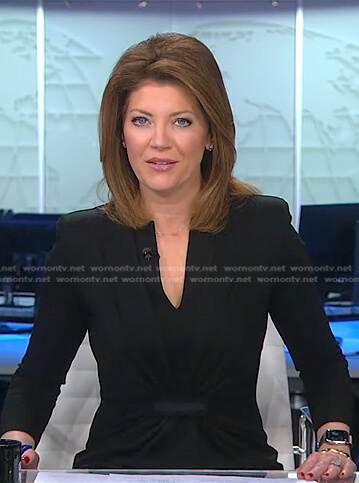 Norah’s black gathered sheath dress on CBS Evening News