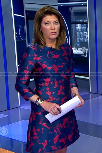 Norah’s pink and blue printed dress on CBS Evening News