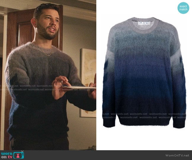 Diag Brushed-Knit Jumper by Off-White worn by Sam Flores (Rafael de la Fuente) on Dynasty