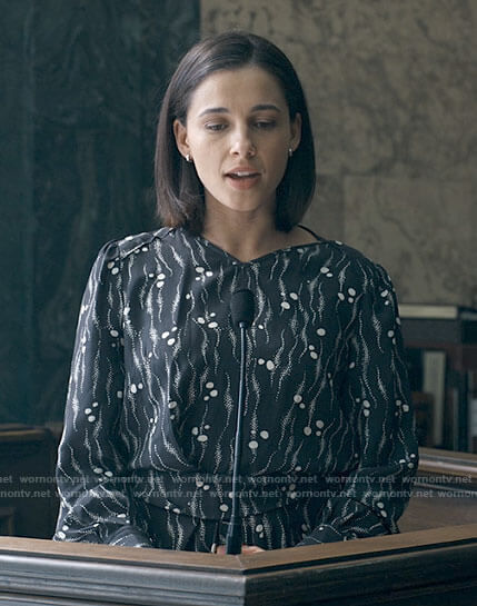Olivia's black dotted print dress on Anatomy of a Scandal