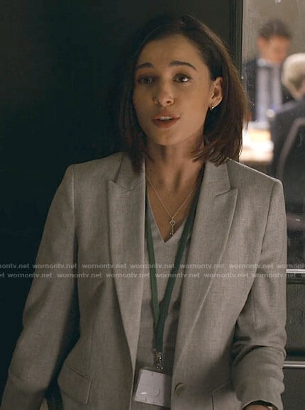 Olivia's grey v-neck dress and blazer set on Anatomy of a Scandal