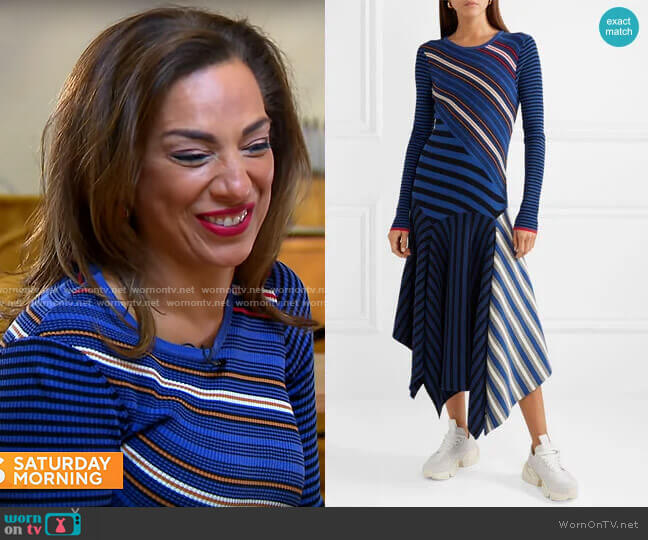 Opening Ceremony Asymmetric striped cotton-blend midi dress worn by Michelle Miller on CBS Mornings