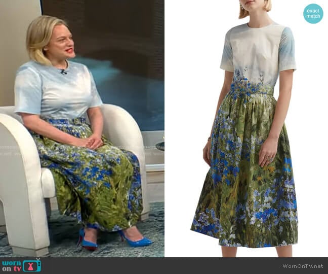 Oscar de la Renta Floral Field Poplin Dress worn by Elisabeth Moss on CBS Mornings