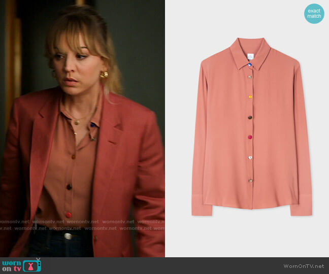 Paul Smith Peach Silk-Blend Shirt With Multi-Colour Buttons worn by Cassie Bowden (Kaley Cuoco) on The Flight Attendant