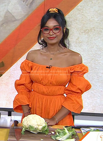 Priyanka Naik’s orange off-shoulder dress on Today