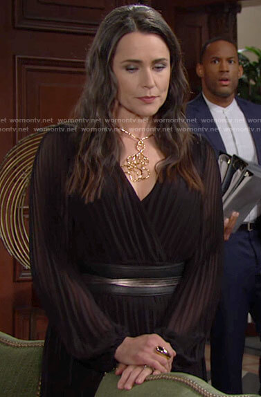 Quinn’s black pleated dress and gold squiggle necklace on The Bold and the Beautiful