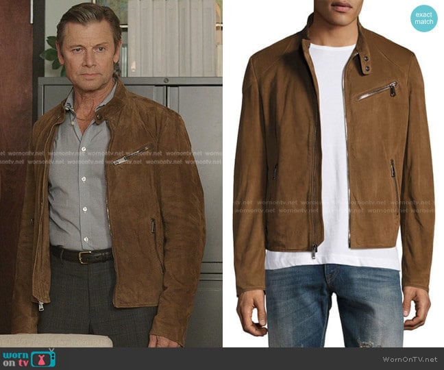 Suede Biker Jacket by Ralph Lauren worn by Grant Show on Dynasty