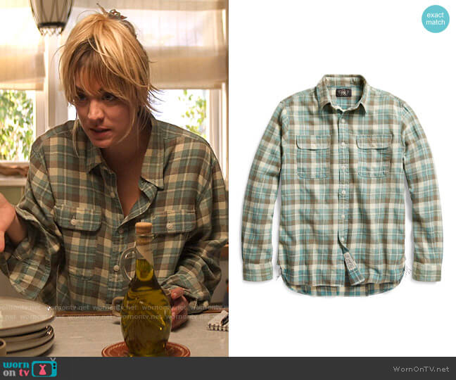 RRL Plaid Cotton Linen Workshirt worn by Cassie Bowden (Kaley Cuoco) on The Flight Attendant