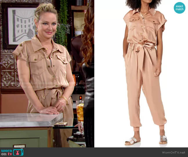 Ramy Brook Mikey Jumpsuit in Caramel worn by Sharon Collins (Sharon Case) on The Young & the Restless