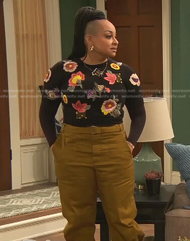 Raven's black floral embroidered sweater and mustard belted pants on Ravens Home