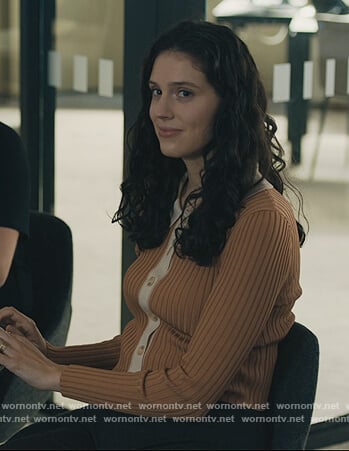 Rian’s brown ribbed cardigan on Billions