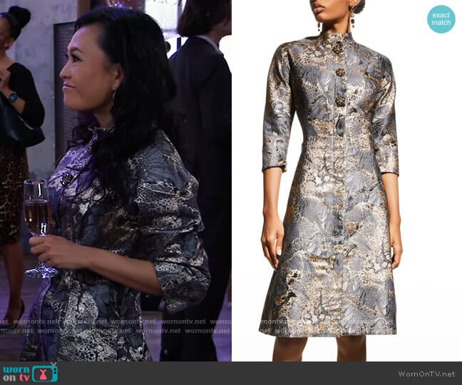 Metallic Jacquard Bejeweled-Button Dress by Rickie Freeman For Teri Jon worn by Lydia Look on General Hospital worn by Selina Wu (Lydia Look) on General Hospital