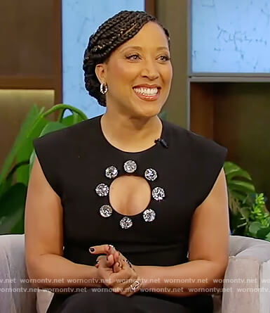 Robin Thede’s black crystal embellished cutout dress on Tamron Hall Show