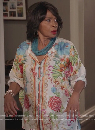 Ruby's white floral print blouse on Black-ish