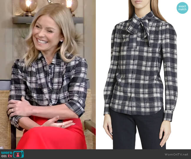 Plaid Neck-Tie Silk Blouse by Saint Laurent worn by Kelly Ripa  on Live with Kelly & Ryan