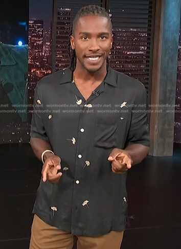 Scott's black floral short sleeve shirt on Access Hollywood