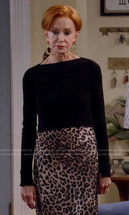 Sheila's leopard print dress with black cropped sweater on Call Me Kat