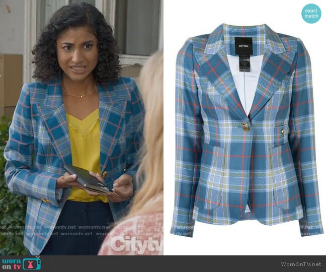 Tartan-print single-breasted blazer by Smythe worn by Mikaela Shaw (Vella Lovell) on Mr Mayor