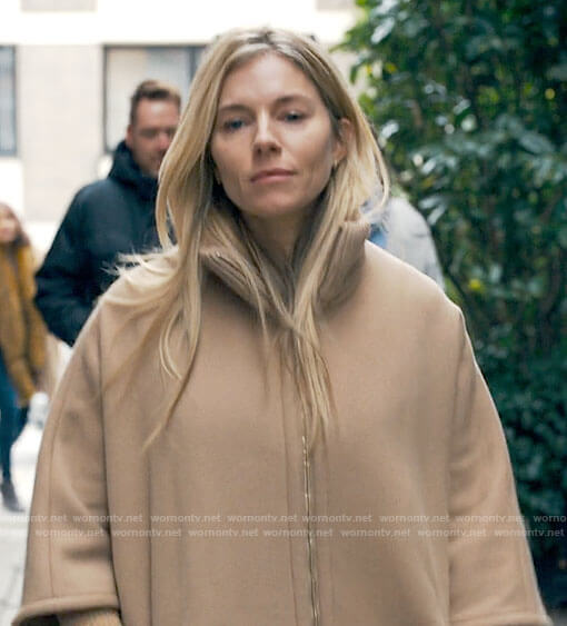 Sophie's camel cape coat on Anatomy of a Scandal
