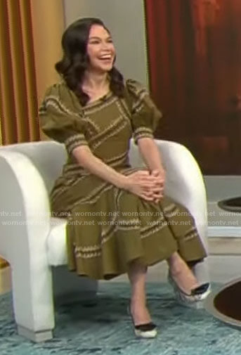 Sutton Foster’s olive green embroidered dress on CBS Mornings