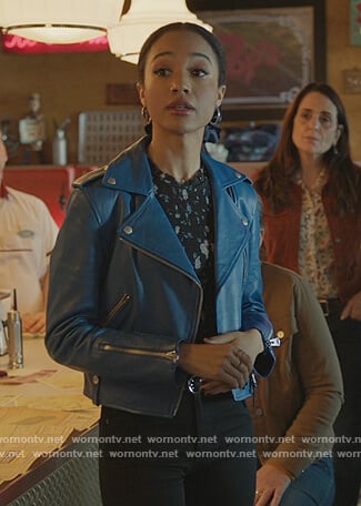 Tabitha’s blue moto jacket and floral top on Riverdale