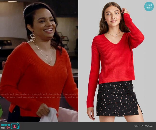 Target Wild Fable V-Neck Rib Knit Pullover Sweater in Red worn by Randi (Kyla Pratt) on Call Me Kat