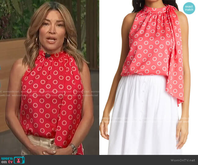 Edlyyn Floral Scarf Neck Sleeveless Satin Blouse by Ted Baker worn by Kit Hoover on Access Hollywood