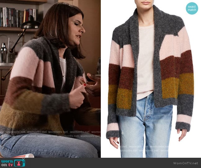 The Stripe Lodge Cardigan by The Great worn by Lindsey Kraft on Grace and Frankie