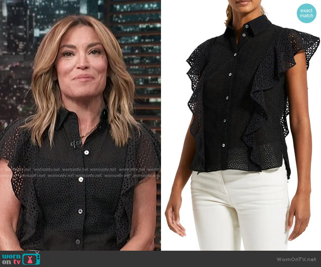 Nova Flutter Sleeve Eyelet Cotton Blouse by Theory worn by Kit Hoover  on Access Hollywood
