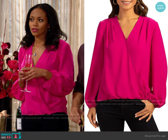 Trina Turk Bask Top in Warm Magenta worn by Amanda Sinclair (Mishael Morgan) on The Young & the Restless