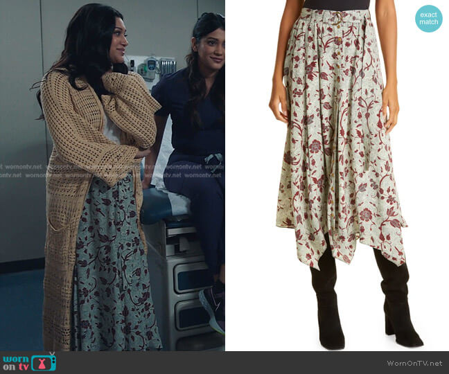 Ariana Floral Print Handkerchief Hem Silk Skirt by Ulla Johnson worn by Padma (Aneesha Joshi) on The Resident