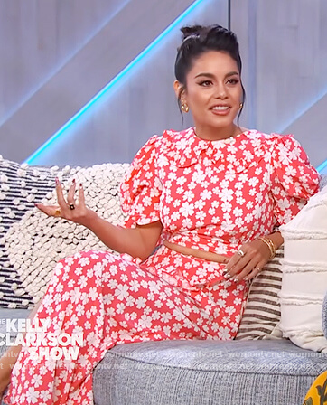 Vanessa Hudgen's red floral crop top and skirt on The Kelly Clarkson Show