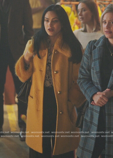 Veronica's printed shirt and yellow coat on Riverdale