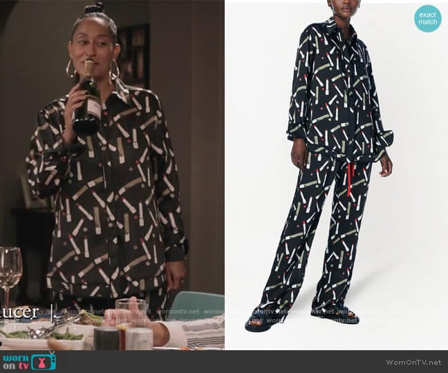 Lipstick-print long-sleeve shirt and pants by Victoria Victoria Beckham worn by Rainbow Johnson (Tracee Ellis Ross) on Black-ish