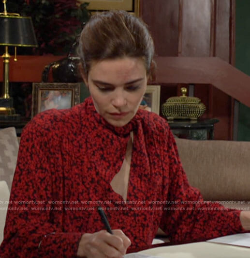 Victoria's black and red printed tie neck blouse on The Young and the Restless