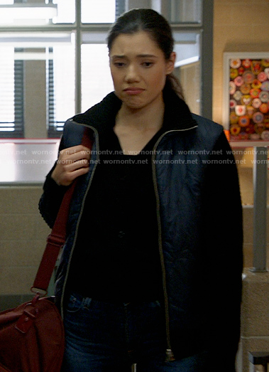 Violet’s navy jacket with knit sleeves on Chicago Fire