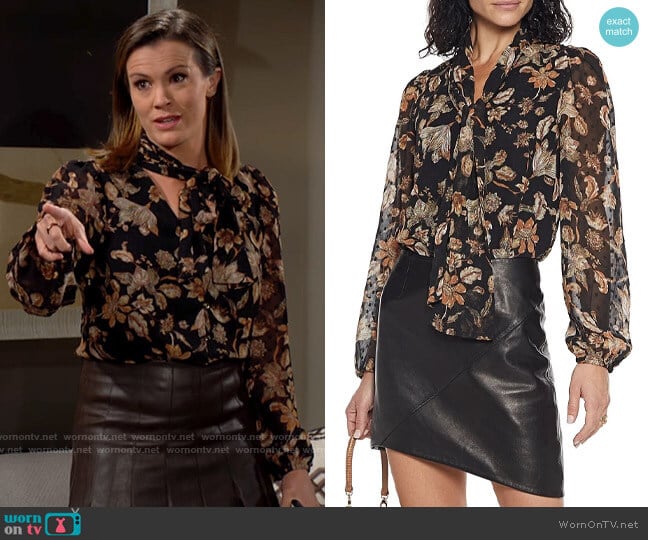 Walter Baker Selena tie-neck floral-print fil coupé chiffon blouse worn by Chelsea Lawson (Melissa Claire Egan) on The Young and the Restless