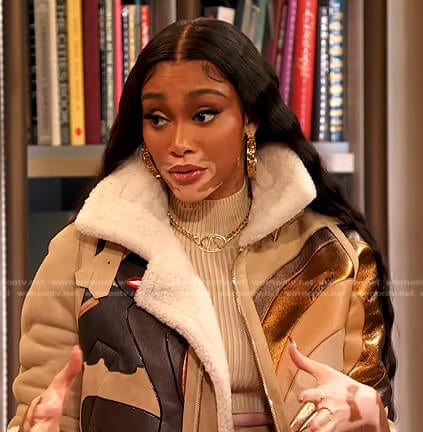 Winnie Harlow’s beige leather bomber jacket on The Drew Barrymore Show