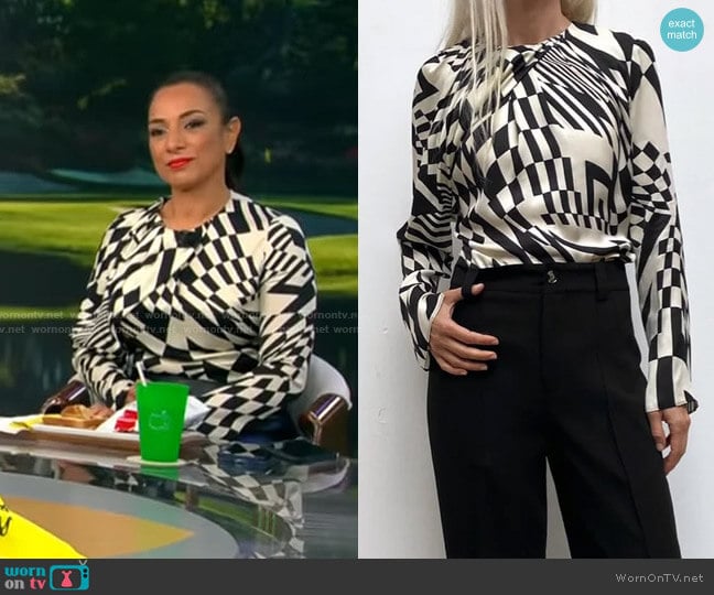 Zara Draped Printed Blouse worn by Michelle Miller on CBS Mornings