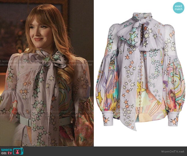 Concert Tie-Neck Blouse by Zimmermann worn by Kirby Anders (Maddison Brown) on Dynasty