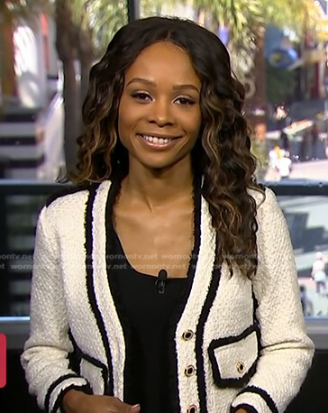 Zuri's white contrast trim tweed jacket on Access Hollywood