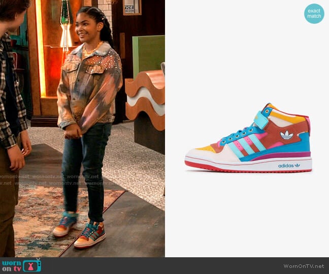 Adidas Team College Gold/Pulse Aqua/Pink Tint Forum Mid Sneakers worn by Millicent (Jaidyn Triplett) on iCarly