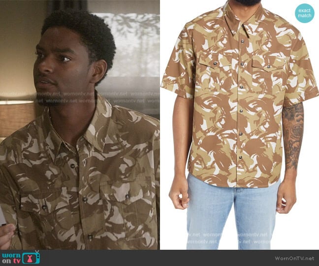 Joey Print Short Sleeve Button-Up Shirt by A.P.C worn by JR (Sylvester Powell) on All American Homecoming