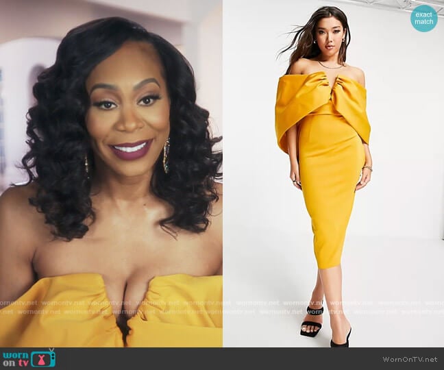 Bardot Draped Sleeve Midi Pencil Dress by ASOS worn by Sanya Richards-Ross on The Real Housewives of Atlanta