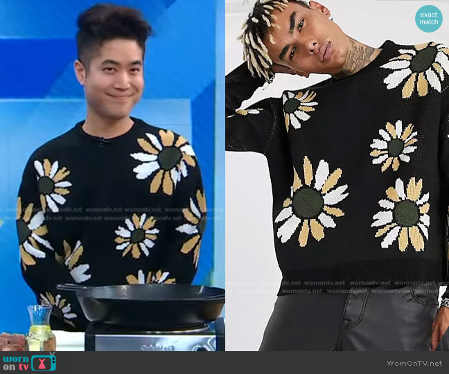 Knit Oversized Sweater with Floral Design by Asos worn by Erick Kim on GMA