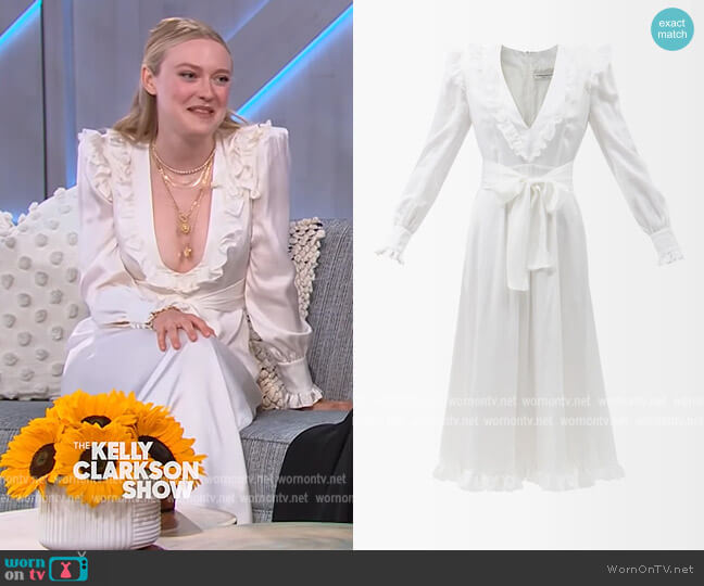 Ruffled silk-satin midi dress by Alessandra Rich worn by Dakota Fanning on The Kelly Clarkson Show