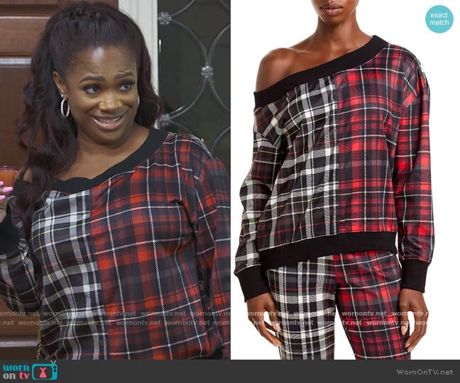 Natalie Off-The-ShoulderPlaid Sweatshirt by Alice + Olivia worn by Kandi Burruss on The Real Housewives of Atlanta