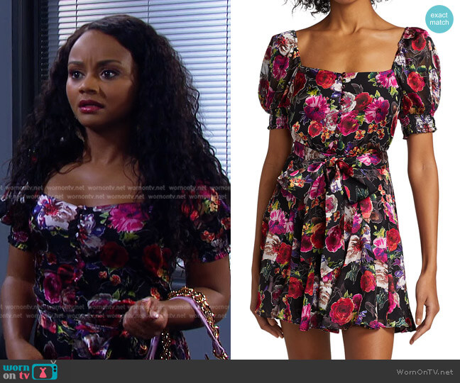 Mina Belted Floral Mini-Dress by Alice + Olivia worn by Chanel Dupree (Raven Bowens) on Days of our Lives