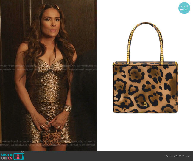 Superamini Gilda Leopard Print Top Handle Bag by Amina Muaddi worn by Cristal Jennings (Daniella Alonso) on Dynasty