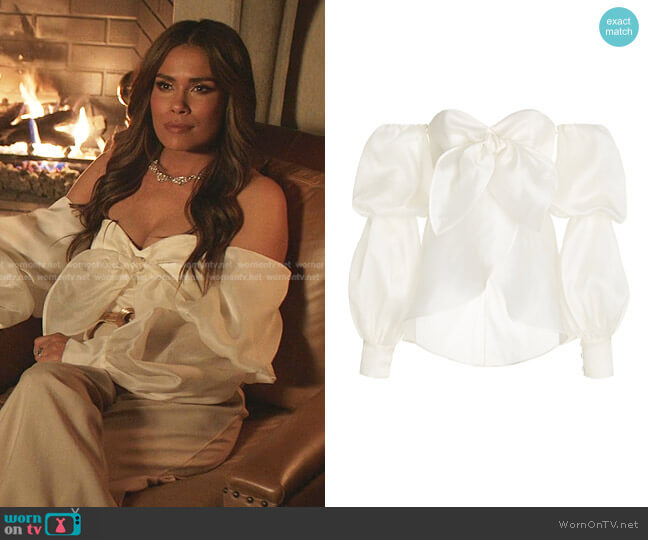 Serrania Off-The-Shoulder Silk Top by Andres Otalora worn by Cristal Jennings (Daniella Alonso) on Dynasty